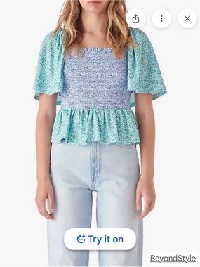 Free the Roses Aqua Floral Smocked Peplum Tank with Flutter Sleeves
